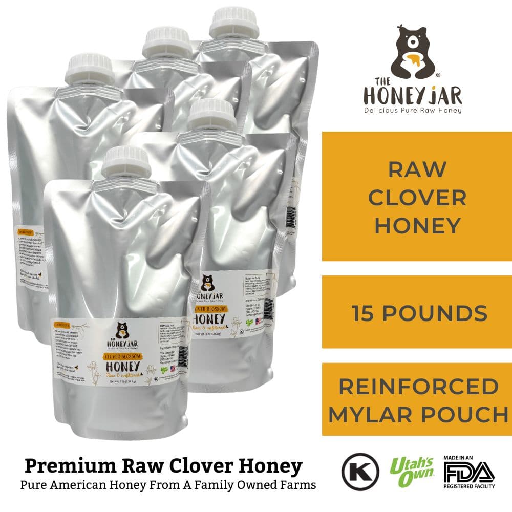 Clover Honey - Raw and Unfiltered - 1 Quart Squeezable Mylar Pouch (3lbs) · 5 Quarts (15 lbs) (Save 40%)