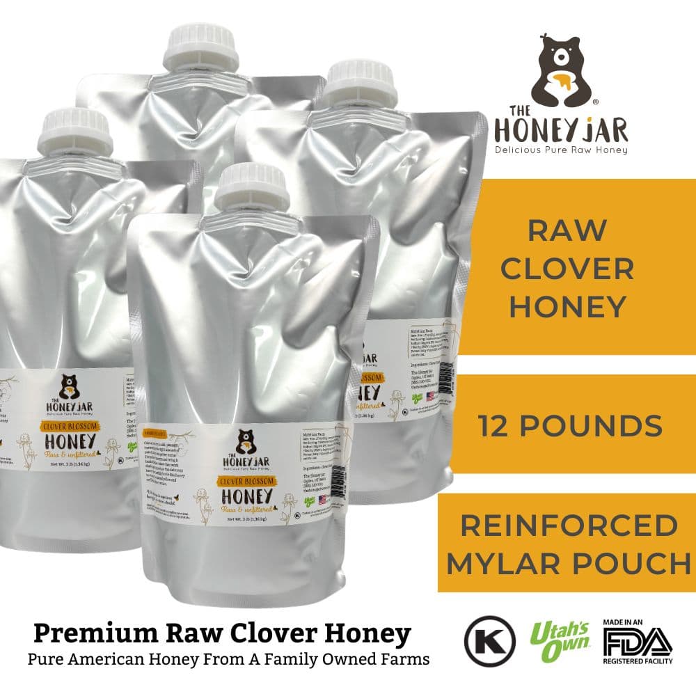 Clover Honey - Raw and Unfiltered - 1 Quart Squeezable Mylar Pouch (3lbs) · 4 Quarts (12 lbs) (Save 30%)
