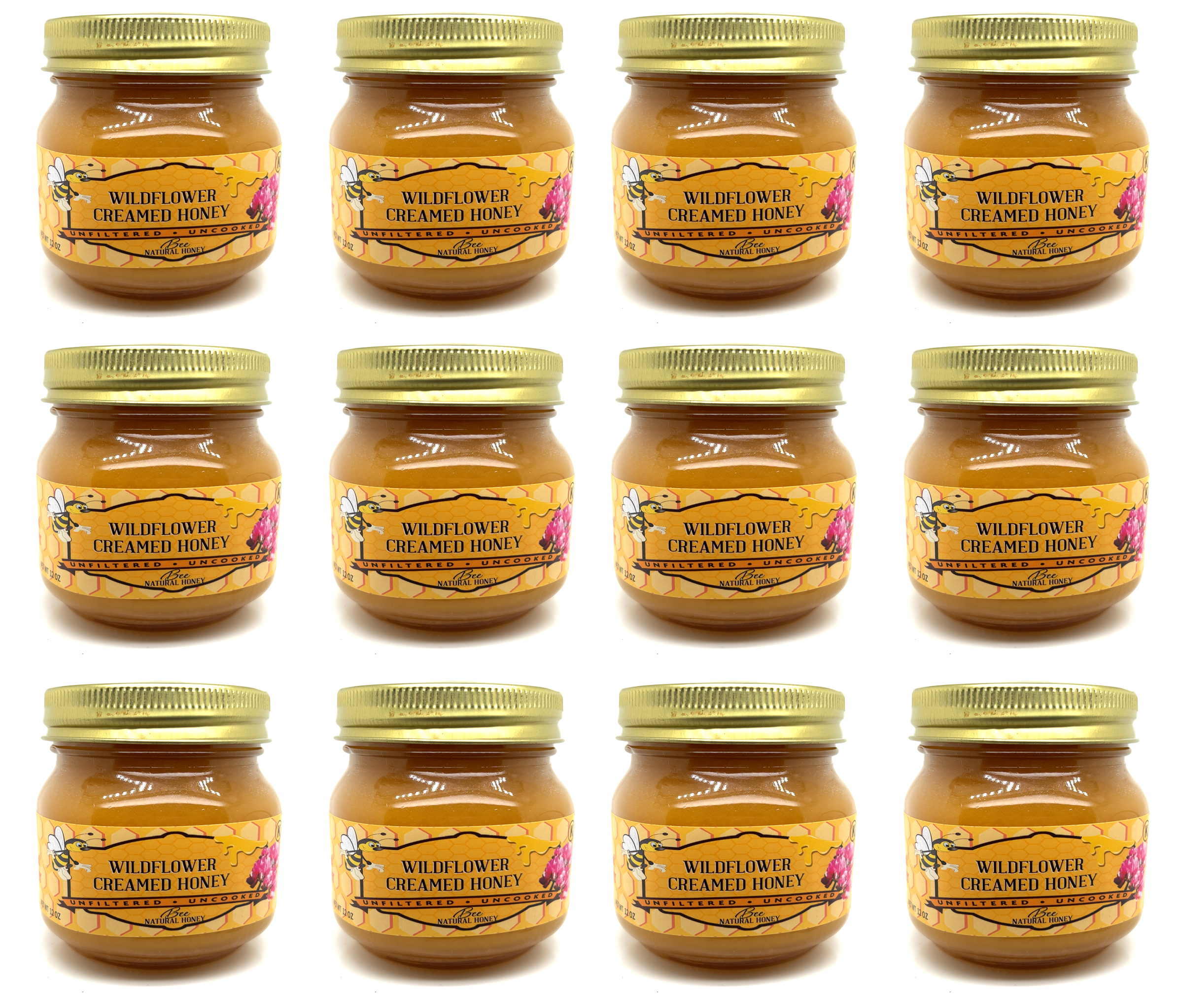 12 Pack Wildflower Creamed Honey 12oz Glass Jars
